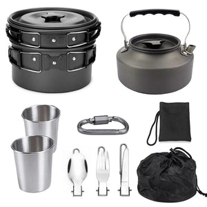 Planet Gates 1 Set Outdoor Pots Pans Camping Cookware Picnic Cooking Set Non-stick Tableware With Foldable Spoon Fork Knife Kettle Cup