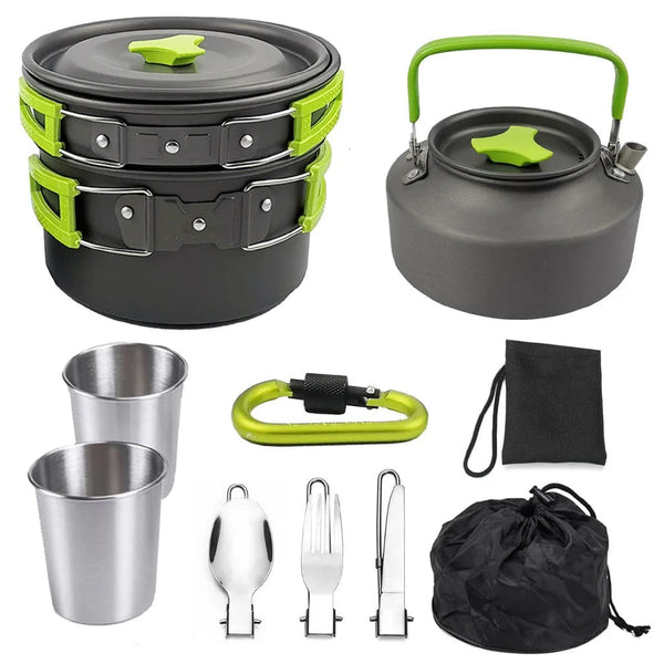 Planet Gates 1 Set Outdoor Pots Pans Camping Cookware Picnic Cooking Set Non-stick Tableware With Foldable Spoon Fork Knife Kettle Cup