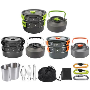 Planet Gates 1 Set Outdoor Pots Pans Camping Cookware Picnic Cooking Set Non-stick Tableware With Foldable Spoon Fork Knife Kettle Cup