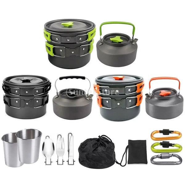 Planet Gates 1 Set Outdoor Pots Pans Camping Cookware Picnic Cooking Set Non-stick Tableware With Foldable Spoon Fork Knife Kettle Cup