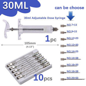Planet Gates 10/20/30/50/100ml Transparent Syringes Adjustable Dose with 10pcs 304 Stainless Steel Pinhead Needle Farm Livestock Dispensing