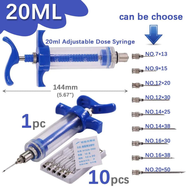 Planet Gates 10/20/30/50ml Veterinary Tool Vaccine Syringe with 10 Needles for Farm Livestock Pig Cattle Sheep Chicken Pinhead Injection Tool