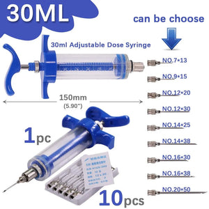 Planet Gates 10/20/30/50ml Veterinary Tool Vaccine Syringe with 10 Needles for Farm Livestock Pig Cattle Sheep Chicken Pinhead Injection Tool