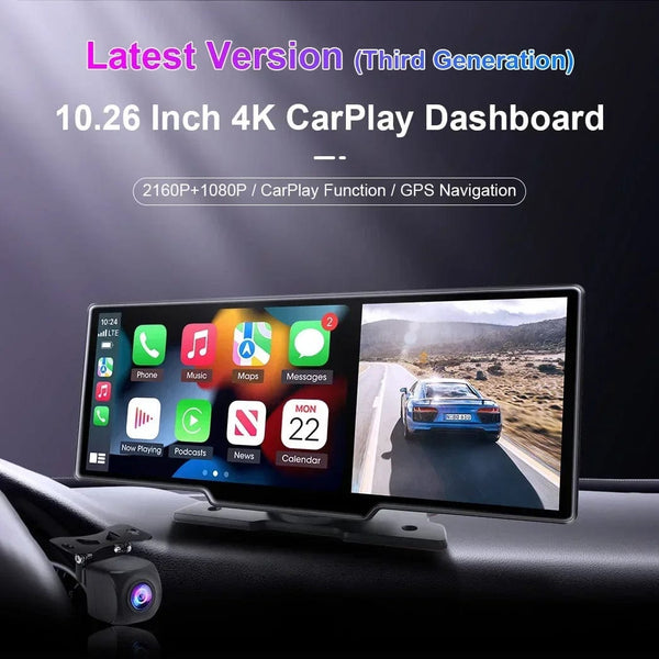 Planet Gates 10.26" Dash Cam 4K 3840x2160 Wireless Carplay & Android Auto Navigation Voice Control Car DVR Rearview Camera BT Monitor Screen