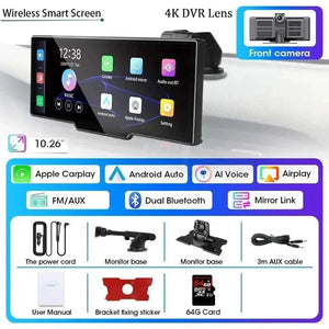 Planet Gates 10.26" Dash Cam 4K 3840x2160 Wireless Carplay & Android Auto Navigation Voice Control Car DVR Rearview Camera BT Monitor Screen