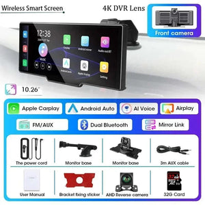Planet Gates 10.26" Dash Cam 4K 3840x2160 Wireless Carplay & Android Auto Navigation Voice Control Car DVR Rearview Camera BT Monitor Screen