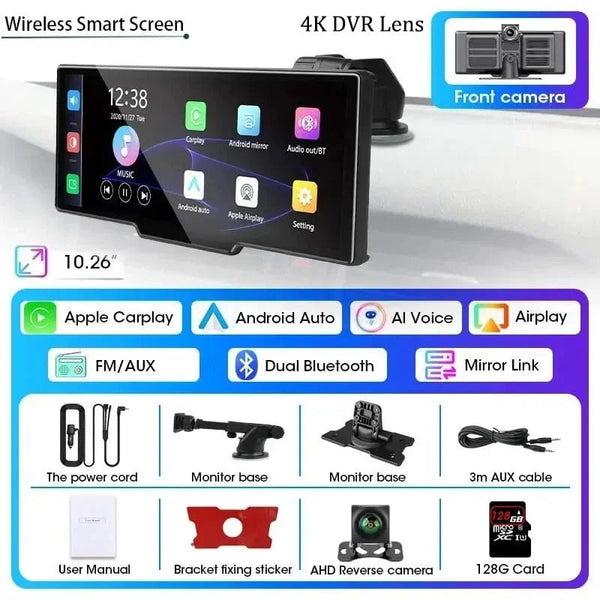 Planet Gates 10.26" Dash Cam 4K 3840x2160 Wireless Carplay & Android Auto Navigation Voice Control Car DVR Rearview Camera BT Monitor Screen