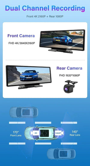 Planet Gates 10.26" Dash Cam 4K 3840x2160 Wireless Carplay & Android Auto Navigation Voice Control Car DVR Rearview Camera BT Monitor Screen