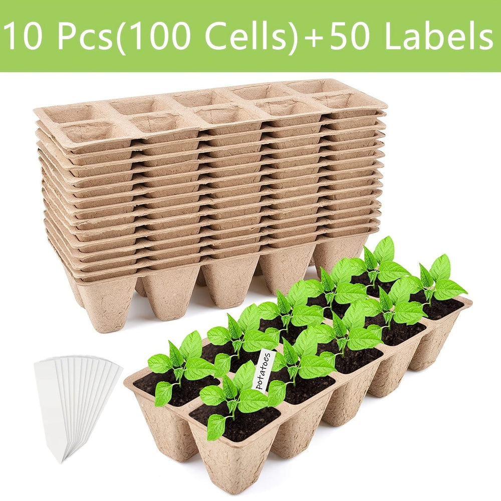Planet Gates 100 Cells 100 Cells Seedling Pots Start Trays With 50 Labels,10 Pcs Peat Pots Seedling Pots Biodegradable,Seedling Starter Kit, Germination Plant Starter Trays