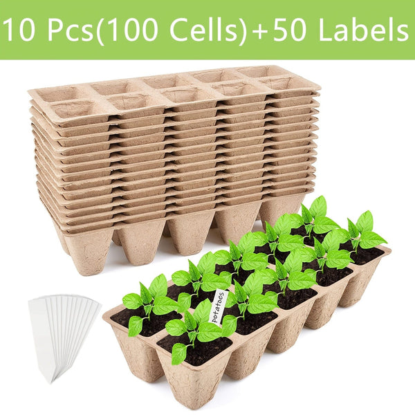 Planet Gates 100 Cells 100 Cells Seedling Pots Start Trays With 50 Labels,10 Pcs Peat Pots Seedling Pots Biodegradable,Seedling Starter Kit, Germination Plant Starter Trays
