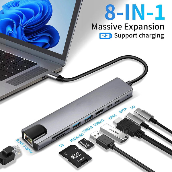 Planet Gates 100 M 8 in 1 USB C Hub Type C to 4K HDMI Adapter with RJ45 SD/TF Card Reader Fast Charger for MacBook Notebook Windows Laptop Computer