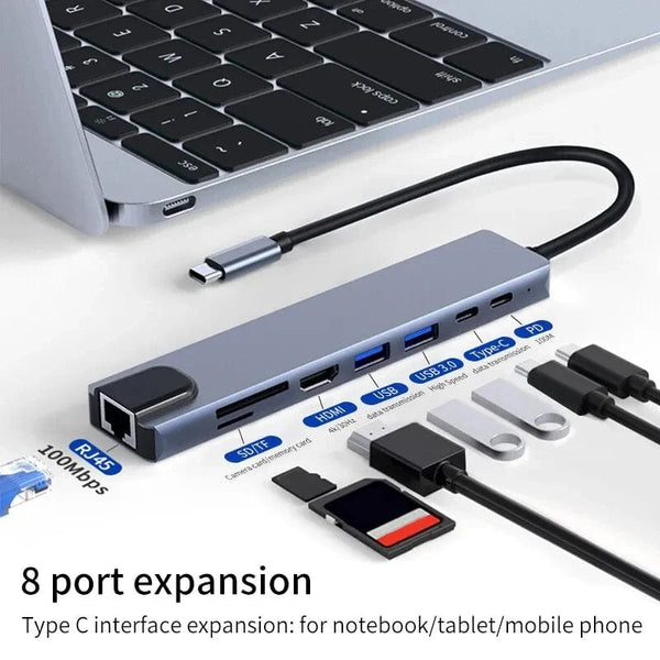 Planet Gates 100 M 8 in 1 USB C Hub Type C to 4K HDMI Adapter with RJ45 SD/TF Card Reader Fast Charger for MacBook Notebook Windows Laptop Computer