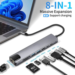 Planet Gates 100 M 8 in 1 USB C Hub Type C to 4K HDMI Adapter with RJ45 SD/TF Card Reader Fast Charger for MacBook Notebook Windows Laptop Computer