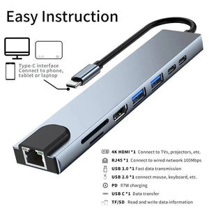 Planet Gates 100 M 8 in 1 USB C Hub Type C to 4K HDMI Adapter with RJ45 SD/TF Card Reader Fast Charger for MacBook Notebook Windows Laptop Computer
