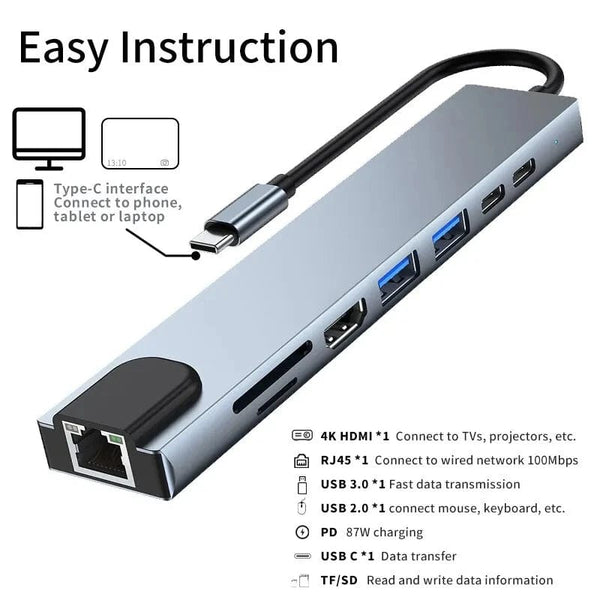 Planet Gates 100 M 8 in 1 USB C Hub Type C to 4K HDMI Adapter with RJ45 SD/TF Card Reader Fast Charger for MacBook Notebook Windows Laptop Computer
