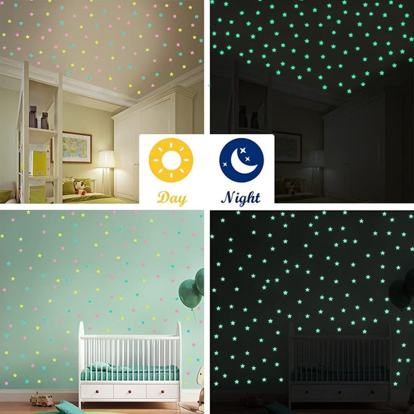 Planet Gates 100 pcs Glossy Glitter Luminous Star Wall Stickers for Bedroom, Living Room, and Kids - Self-Adhesive Space Decor for Teen Girls