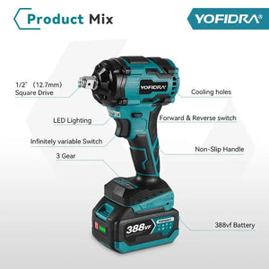 Planet Gates 1000N.M Torque Brushless Electric Impact Wrench 1/2 inch Lithium-Ion Battery Cordless Wrench Power Tools For Makita 18V Battery