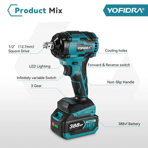 Planet Gates 1000N.M Torque Brushless Electric Impact Wrench 1/2 inch Lithium-Ion Battery Cordless Wrench Power Tools For Makita 18V Battery