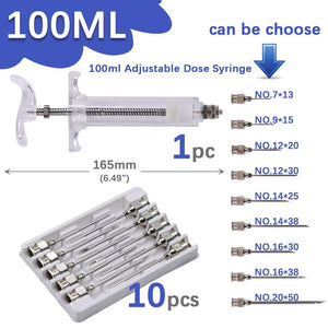 Planet Gates 100ml-1set / NO.9 x 15mm 10/20/30/50/100ml Transparent Syringes Adjustable Dose with 10pcs 304 Stainless Steel Pinhead Needle Farm Livestock Dispensing