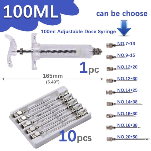Planet Gates 100ml-1set / NO.9 x 15mm 10/20/30/50/100ml Transparent Syringes Adjustable Dose with 10pcs 304 Stainless Steel Pinhead Needle Farm Livestock Dispensing
