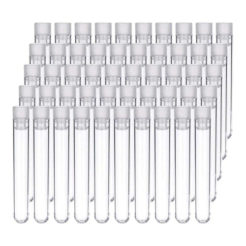 Planet Gates 100Pcs Clear Plastic Test Tubes with White Screw Caps Sample Containers Bottles Push Caps 12X75mm
