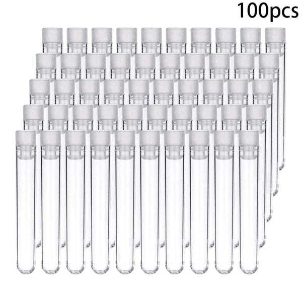 Planet Gates 100Pcs Clear Plastic Test Tubes with White Screw Caps Sample Containers Bottles Push Caps 12X75mm