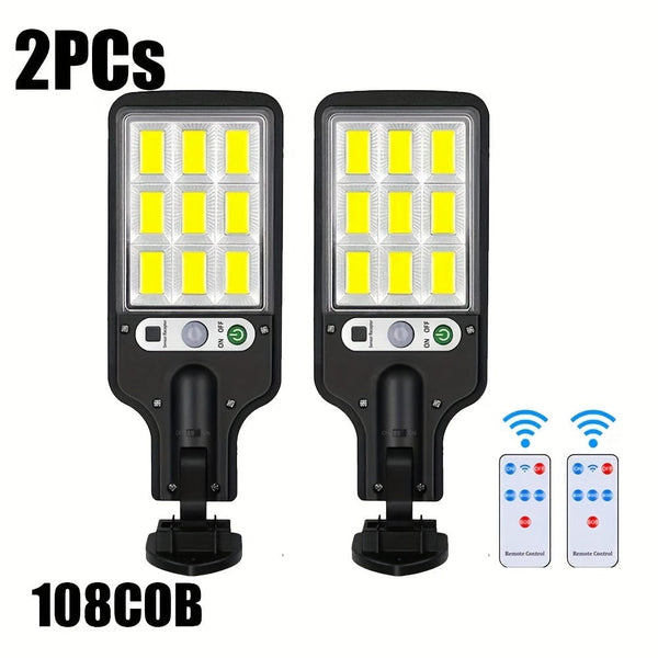 Planet Gates 108COB-2 Pack Solar Powered Street Lights 8 Pack Outdoor Waterproof Motion Sensor LED Security Wall Lamp with Remote Control 3 Lighting Modes for Garden Patio Porch Door Garage Exterior Wall Spotlight