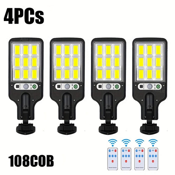 Planet Gates 108COB-4 Pack Solar Powered Street Lights 8 Pack Outdoor Waterproof Motion Sensor LED Security Wall Lamp with Remote Control 3 Lighting Modes for Garden Patio Porch Door Garage Exterior Wall Spotlight