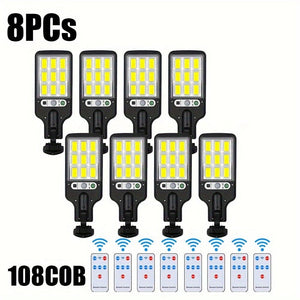 Planet Gates 108COB-8 Pack Solar Powered Street Lights 8 Pack Outdoor Waterproof Motion Sensor LED Security Wall Lamp with Remote Control 3 Lighting Modes for Garden Patio Porch Door Garage Exterior Wall Spotlight