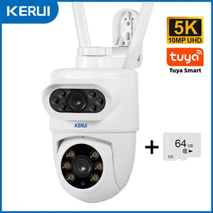 Planet Gates 10MP and 64GB Card / EU Plug / CHINA KERUI 5MP 8MP 4K PTZ WiFi IP Wireless Camera Tuya Smart Outdoor Home Security Dual Lens 10MP 5K Camera CCTV Video Surveillance