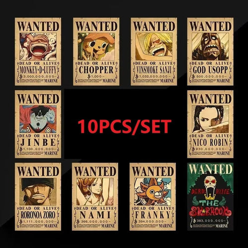 Planet Gates 10PCS 10PCS Anime Luffy salmu cepure Pirāti One Piece Wanted plakātu uzlīmes Vintage gleznošana Bērnu guļamistabas sienas dekorēšana Pieaugušo rotaļlietu dāvana