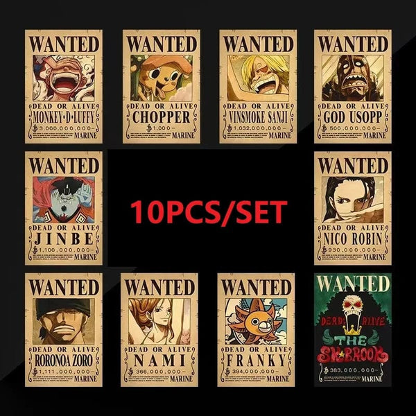 Planet Gates 10PCS 10PCS Anime Luffy salmu cepure Pirāti One Piece Wanted plakātu uzlīmes Vintage gleznošana Bērnu guļamistabas sienas dekorēšana Pieaugušo rotaļlietu dāvana