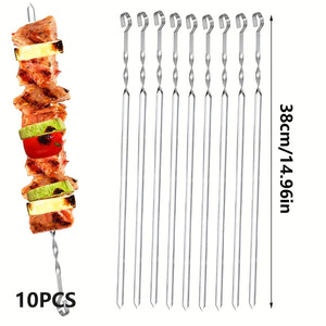 Planet Gates 10pcs-39cm 10pcs Reusable Stainless Steel Barbecue Skewers - Perfect for Outdoor Grilling & Camping!