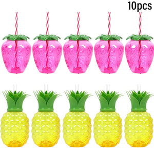 Planet Gates 10pcs mix cups 10pcs Plastic Strawberry Pineapple Drinking Cup with Straw Hawaii Party Decoration Luau Flamingo Summer Beach Pool Party Decor