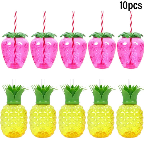 Planet Gates 10pcs mix cups 10pcs Plastic Strawberry Pineapple Drinking Cup with Straw Hawaii Party Decoration Luau Flamingo Summer Beach Pool Party Decor