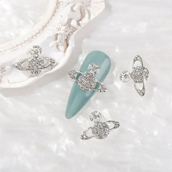Planet Gates 10pcs Planet Nail Charms Y2K 3D Nail Rhinestones Gems Silver Diamond Jewelry Kawaii DIY Nail Art Decoration Supplies