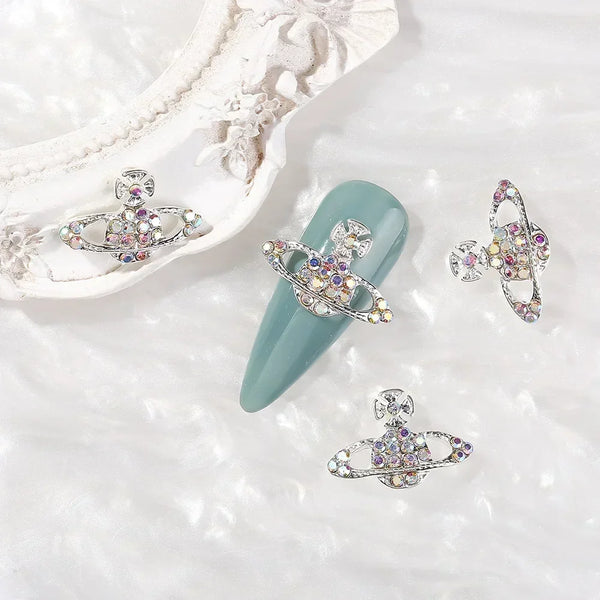 Planet Gates 10pcs Planet Nail Charms Y2K 3D Nail Rhinestones Gems Silver Diamond Jewelry Kawaii DIY Nail Art Decoration Supplies