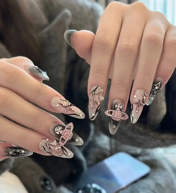 Planet Gates 10pcs Planet Nail Charms Y2K 3D Nail Rhinestones Gems Silver Diamond Jewelry Kawaii DIY Nail Art Decoration Supplies