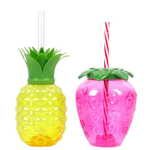 Planet Gates 10pcs Plastic Strawberry Pineapple Drinking Cup with Straw Hawaii Party Decoration Luau Flamingo Summer Beach Pool Party Decor