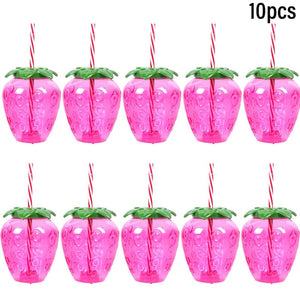 Planet Gates 10pcs strawberry cup 10pcs Plastic Strawberry Pineapple Drinking Cup with Straw Hawaii Party Decoration Luau Flamingo Summer Beach Pool Party Decor