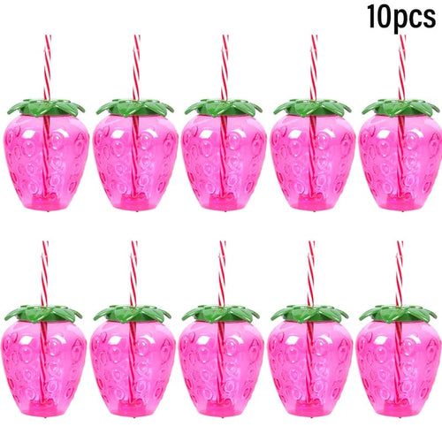 Planet Gates 10pcs strawberry cup 10pcs Plastic Strawberry Pineapple Drinking Cup with Straw Hawaii Party Decoration Luau Flamingo Summer Beach Pool Party Decor