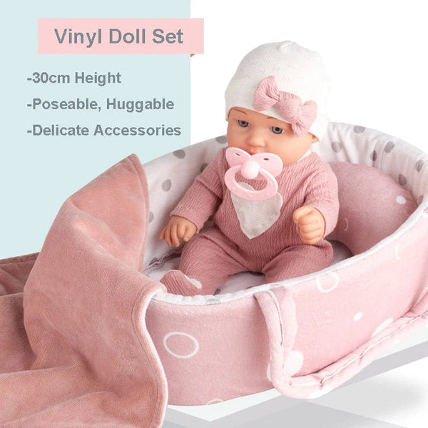 Planet Gates 12''/30cm Baby Doll Playset in Gift Box with Accessories Pink Pacifier, Vinyl Reborn Doll Toy, Christmas Gift for Girl Boy Kid