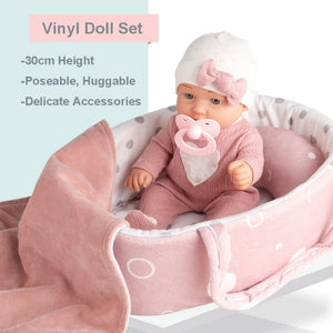 Planet Gates 12''/30cm Baby Doll Playset in Gift Box with Accessories Pink Pacifier, Vinyl Reborn Doll Toy, Christmas Gift for Girl Boy Kid