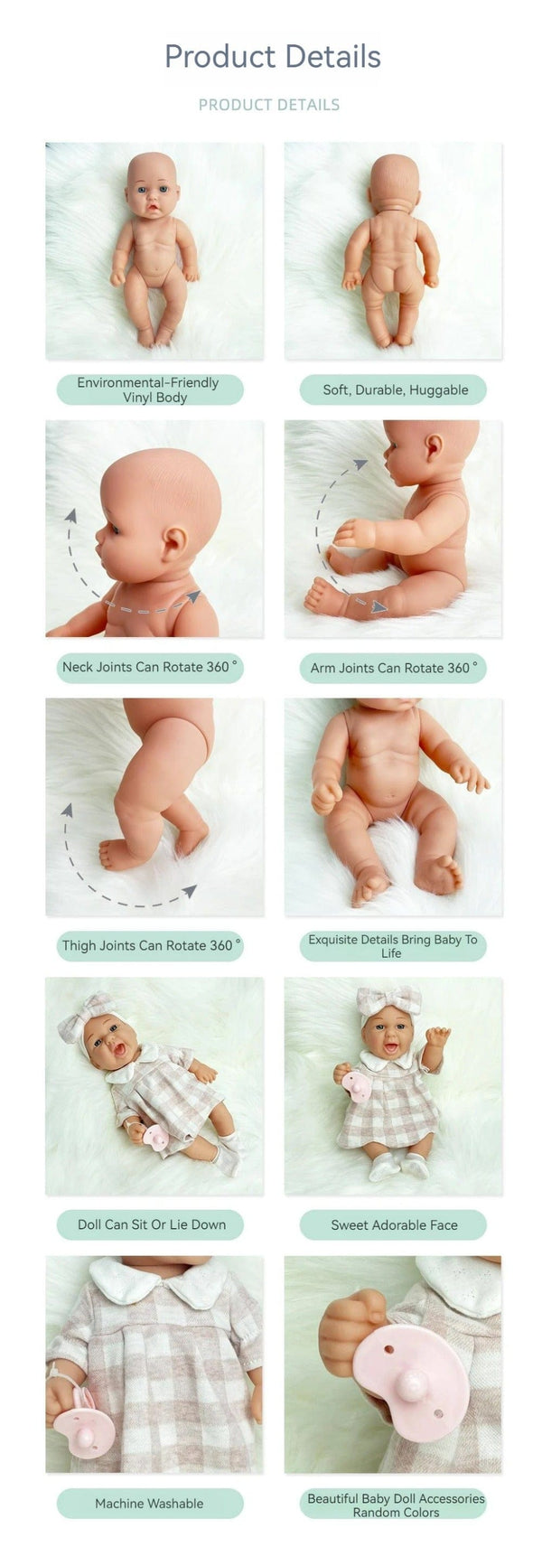 Planet Gates 12''/30cm Baby Doll Playset in Gift Box with Accessories Pink Pacifier, Vinyl Reborn Doll Toy, Christmas Gift for Girl Boy Kid