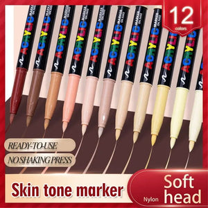 Planet Gates 12 Colors 12 Colors Skin Tone Markers Pens,Nylon Soft Head Acrylic Markers,Waterproof Pen Soft Brush Nib Skin Color Figure Painting School
