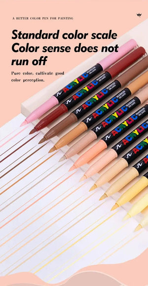 Planet Gates 12 Colors 12 Colors Skin Tone Markers Pens,Nylon Soft Head Acrylic Markers,Waterproof Pen Soft Brush Nib Skin Color Figure Painting School