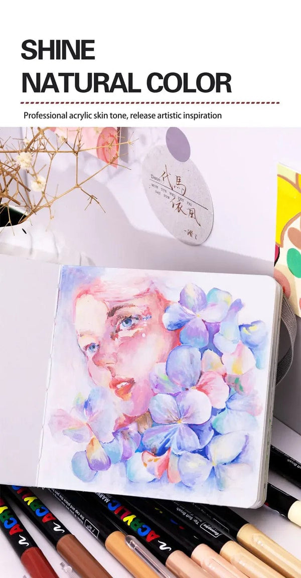 Planet Gates 12 Colors 12 Colors Skin Tone Markers Pens,Nylon Soft Head Acrylic Markers,Waterproof Pen Soft Brush Nib Skin Color Figure Painting School