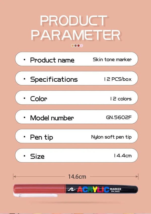Planet Gates 12 Colors 12 Colors Skin Tone Markers Pens,Nylon Soft Head Acrylic Markers,Waterproof Pen Soft Brush Nib Skin Color Figure Painting School