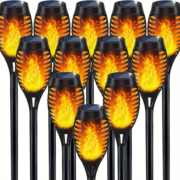 Planet Gates 12 Pack Warm Light 6pcs Waterproof Solar Outdoor Flame Torch Lights, LED Torches With Flickering Flames, Halloween Decorations Lights Outdoor, For Christmas Halloween Garden Yard Patio, Auto On/Off