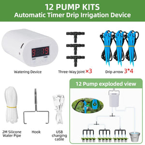 Planet Gates 12 pump kit Automatic Plant Flower Watering Pump Home Sprinkler Drip Irrigation Device 2/4/8/16 Heads Pump Timer System Kit Garden Tool